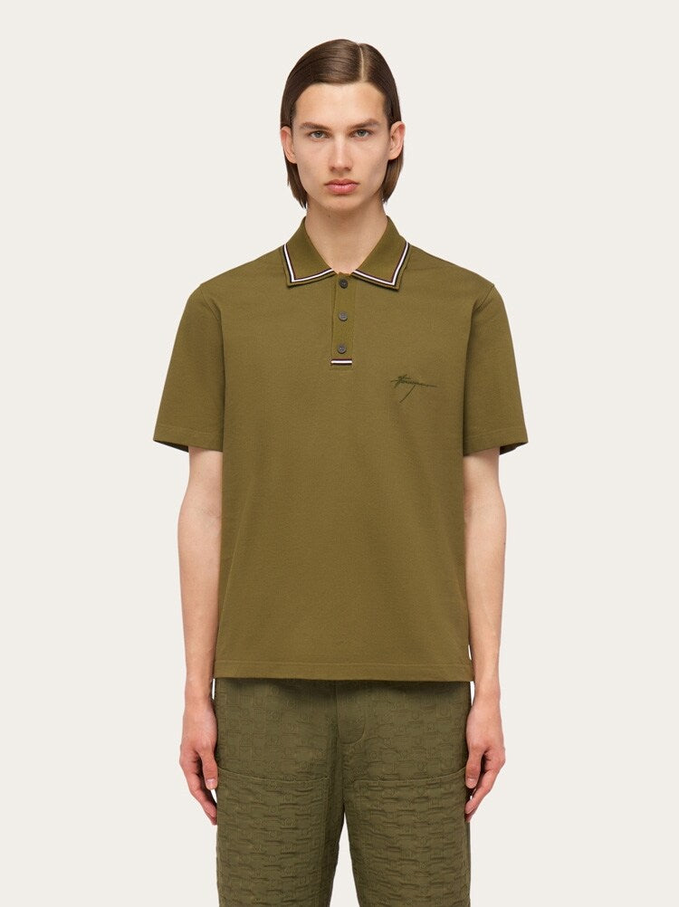 FERRAGAMO MEN'S OLIVE COTTON POLO SWEATER