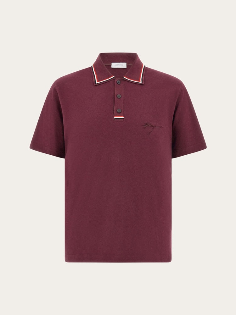 FERRAGAMO MEN'S BURGUNDY COTTON POLO SWEATER