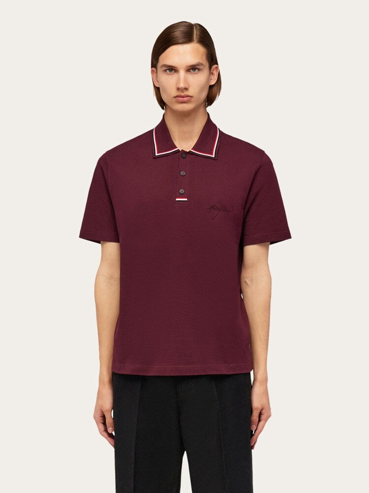 FERRAGAMO MEN'S BURGUNDY COTTON POLO SWEATER