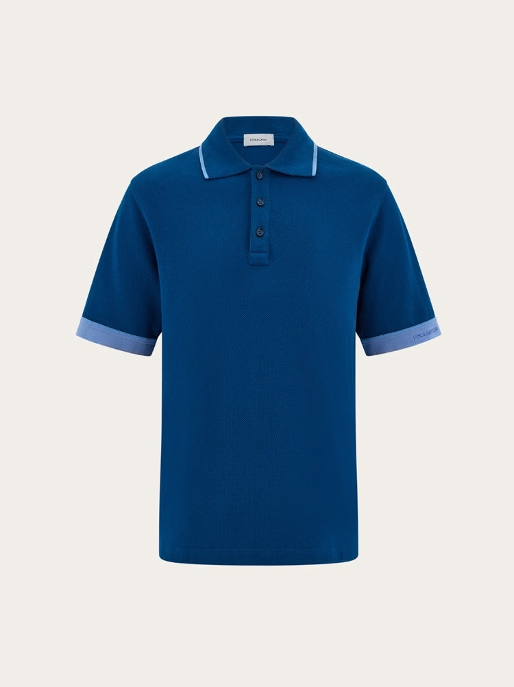 FERRAGAMO MEN'S BLUE COTTON POLO SWEATER