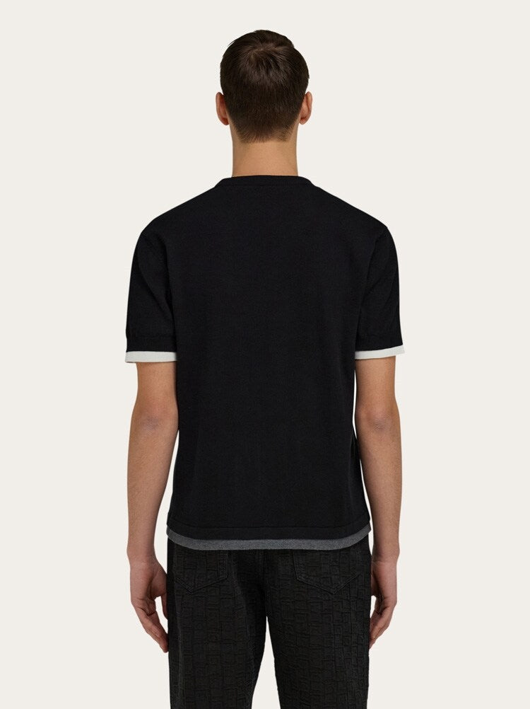 FERRAGAMO MEN'S BLACK LAYERED COTTON SWEATER