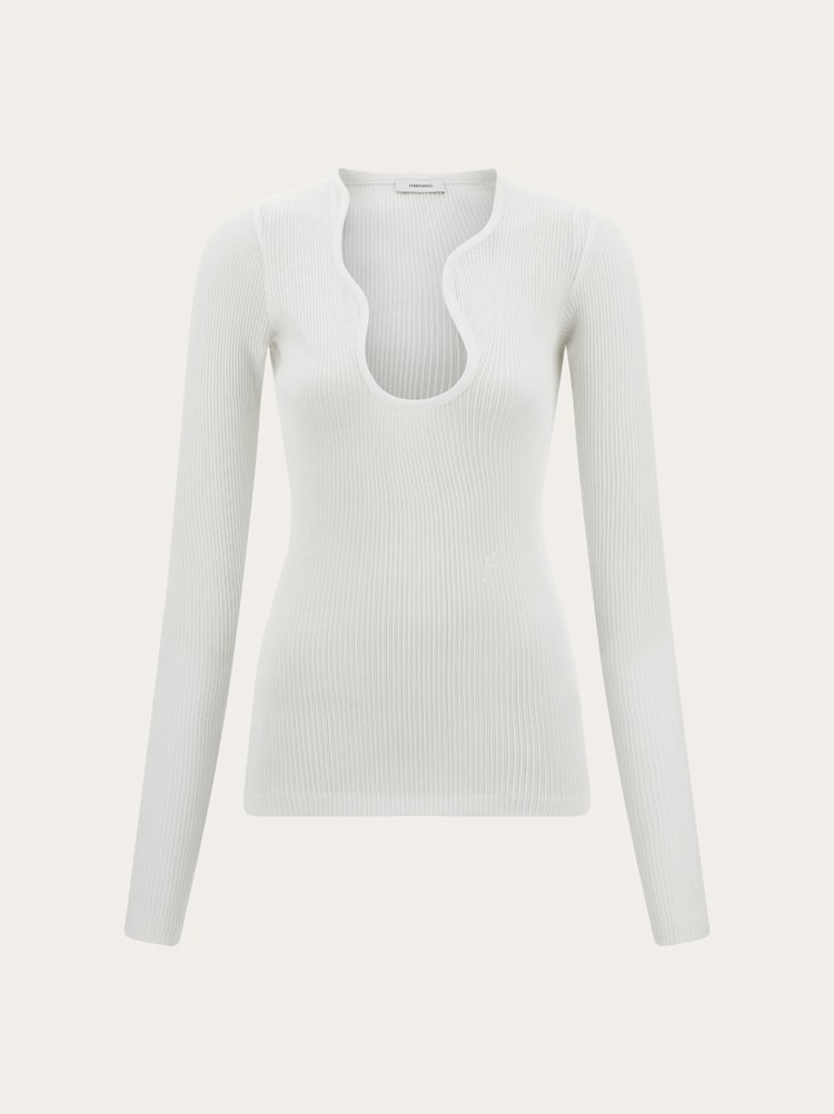 FERRAGAMO WOMEN'S WHITE RIBBED COTTON SWEATER