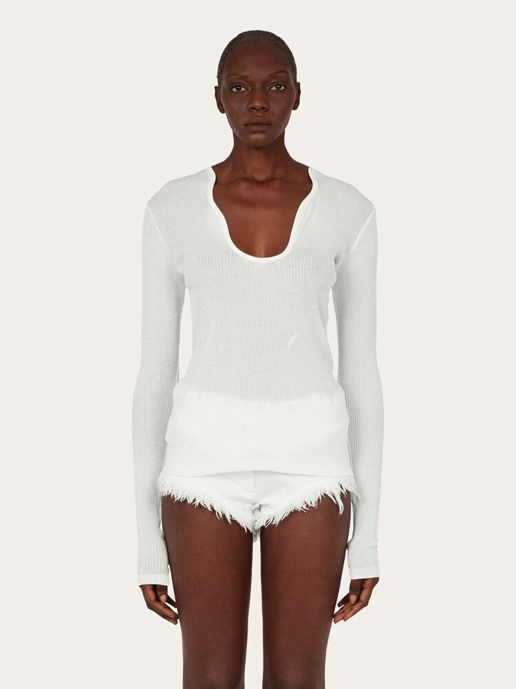 FERRAGAMO WOMEN'S WHITE RIBBED COTTON SWEATER