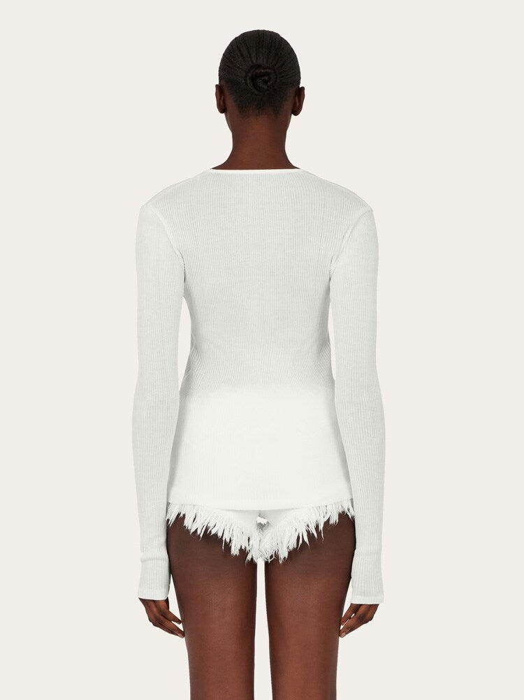 FERRAGAMO WOMEN'S WHITE RIBBED COTTON SWEATER