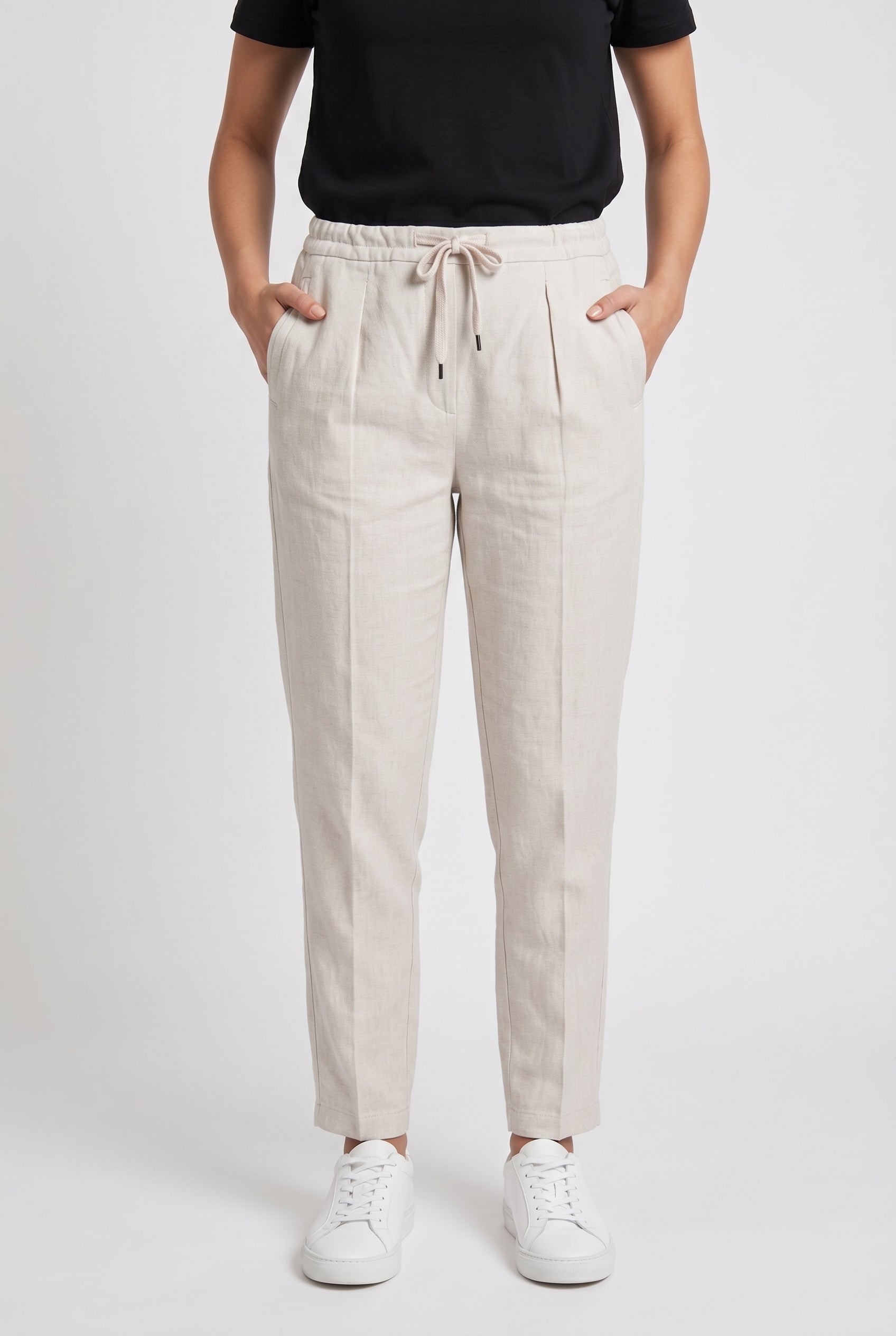 BRUNELLO CUCINELLI WOMEN'S LIGHT BEIGE LINEN BLEND TROUSERS