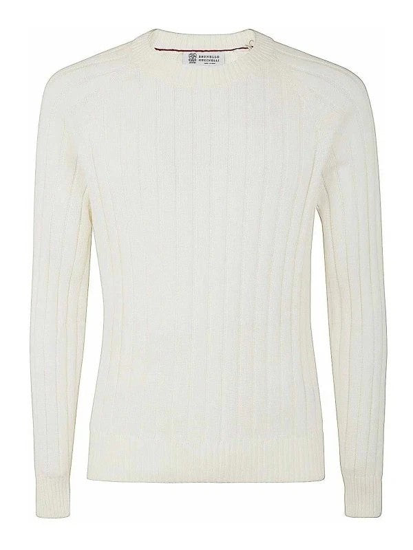 BRUNELLO CUCINELLI MEN'S IVORY RIBBED COTTON SWEATER