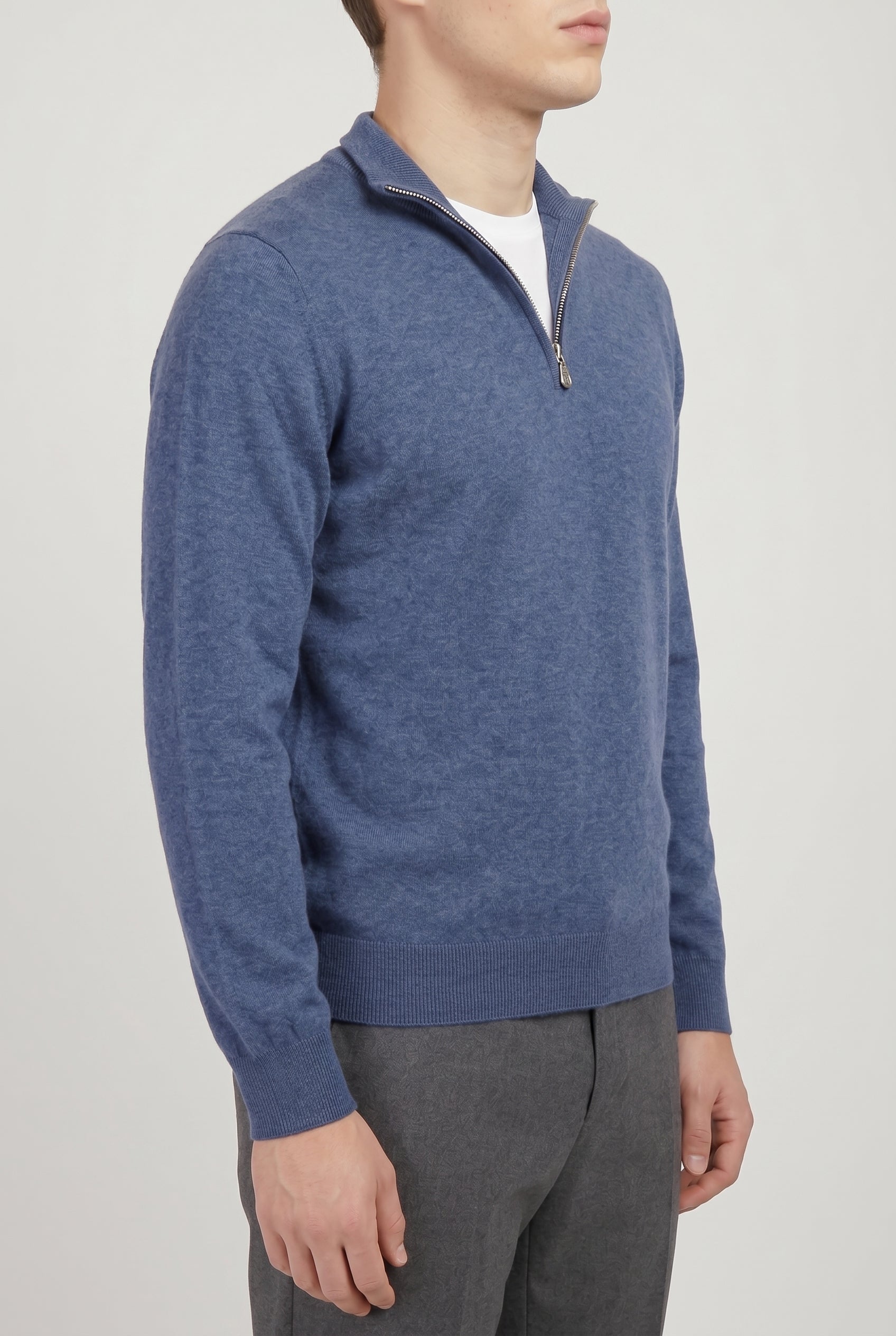 BRUNELLO CUCINELLI MEN'S BLUE WOOL ZIP SWEATER