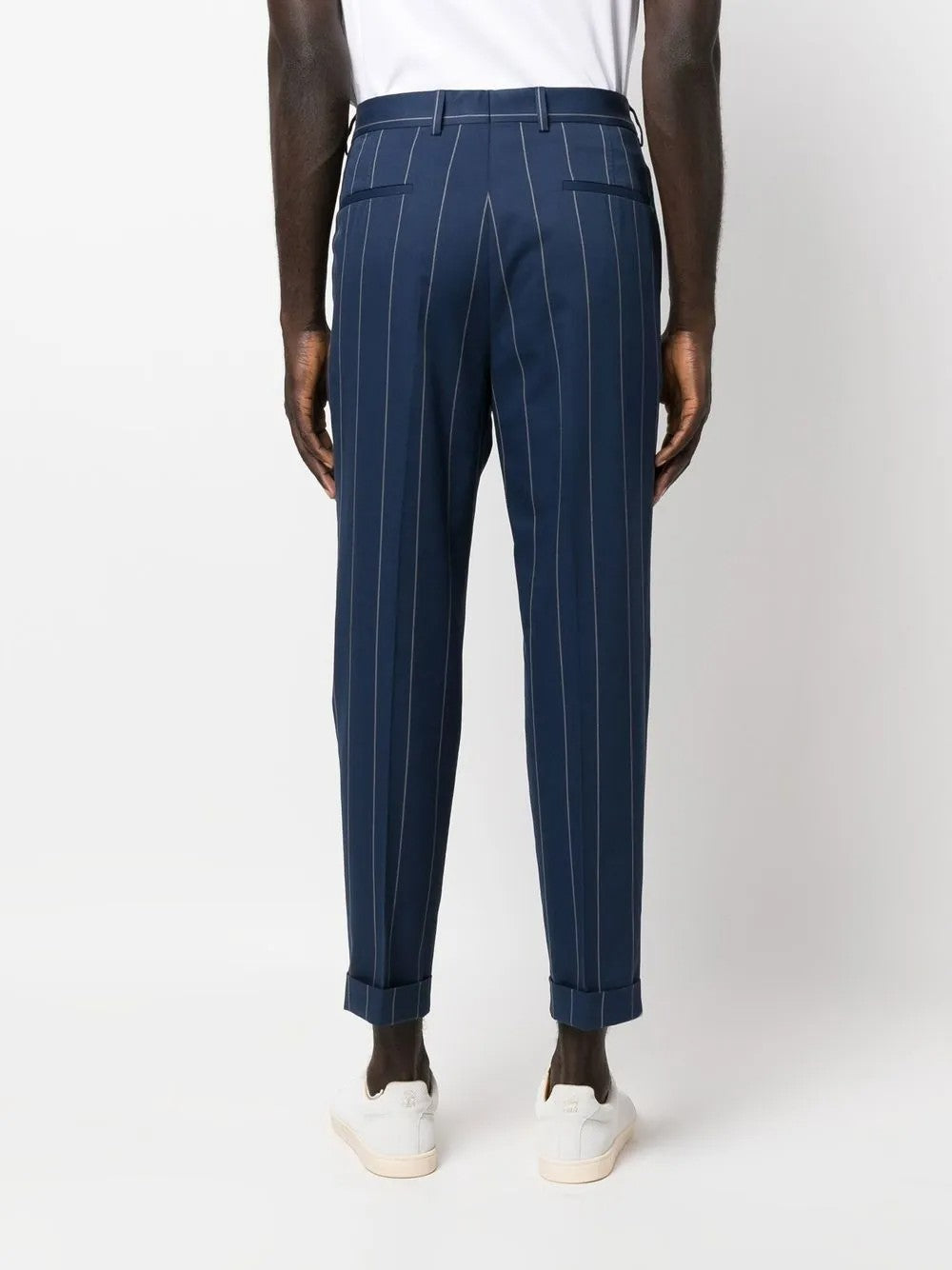 BRUNELLO CUCINELLI MEN'S BLUE PINSTRIPE TAILORED TROUSERS