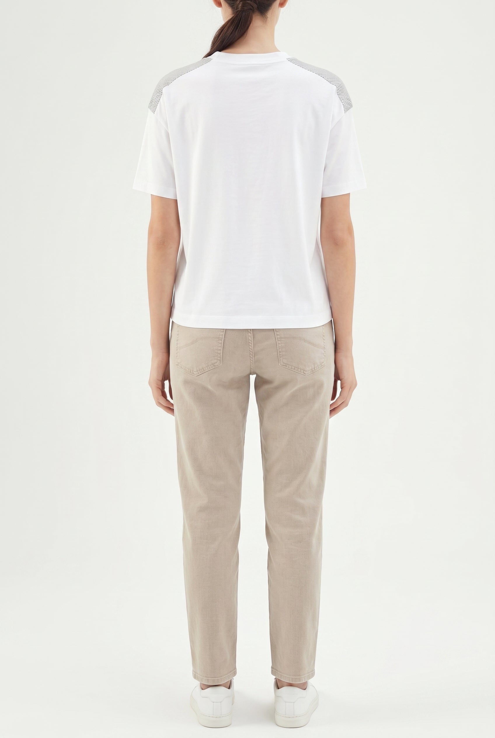 BRUNELLO CUCINELLI WOMEN'S WHITE SHORT-SLEEVE SHIRT WITH STRIPED SHOULDERS