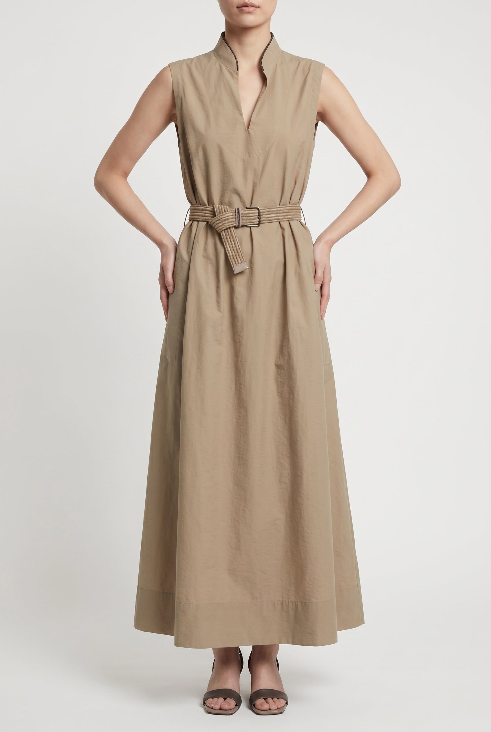BRUNELLO CUCINELLI WOMEN'S BEIGE SLEEVELESS BELTED DRESS