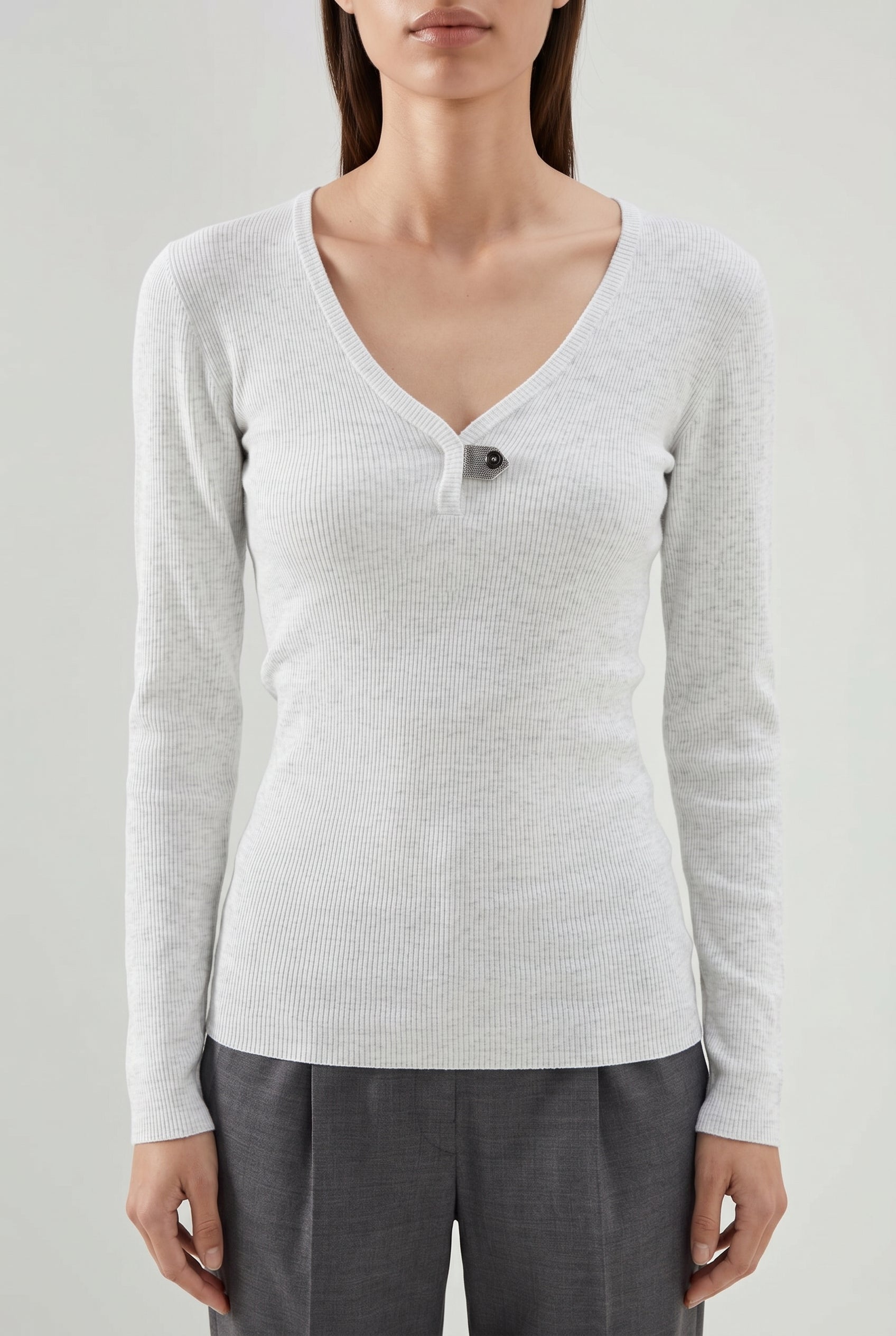 BRUNELLO CUCINELLI WOMEN'S LIGHT GREY RIBBED KNIT TOP