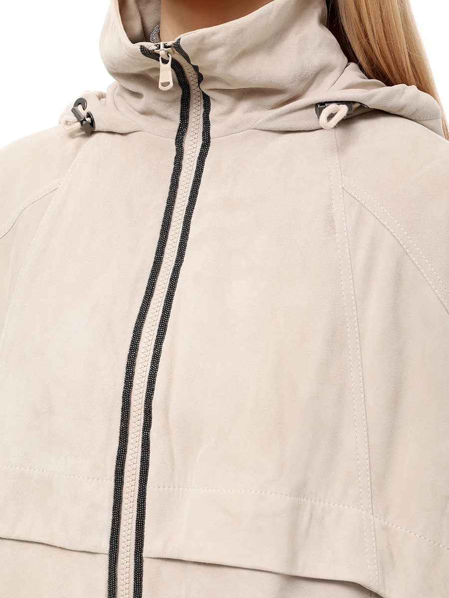 BRUNELLO CUCINELLI WOMEN'S LIGHT BEIGE LEATHER HOODED JACKET