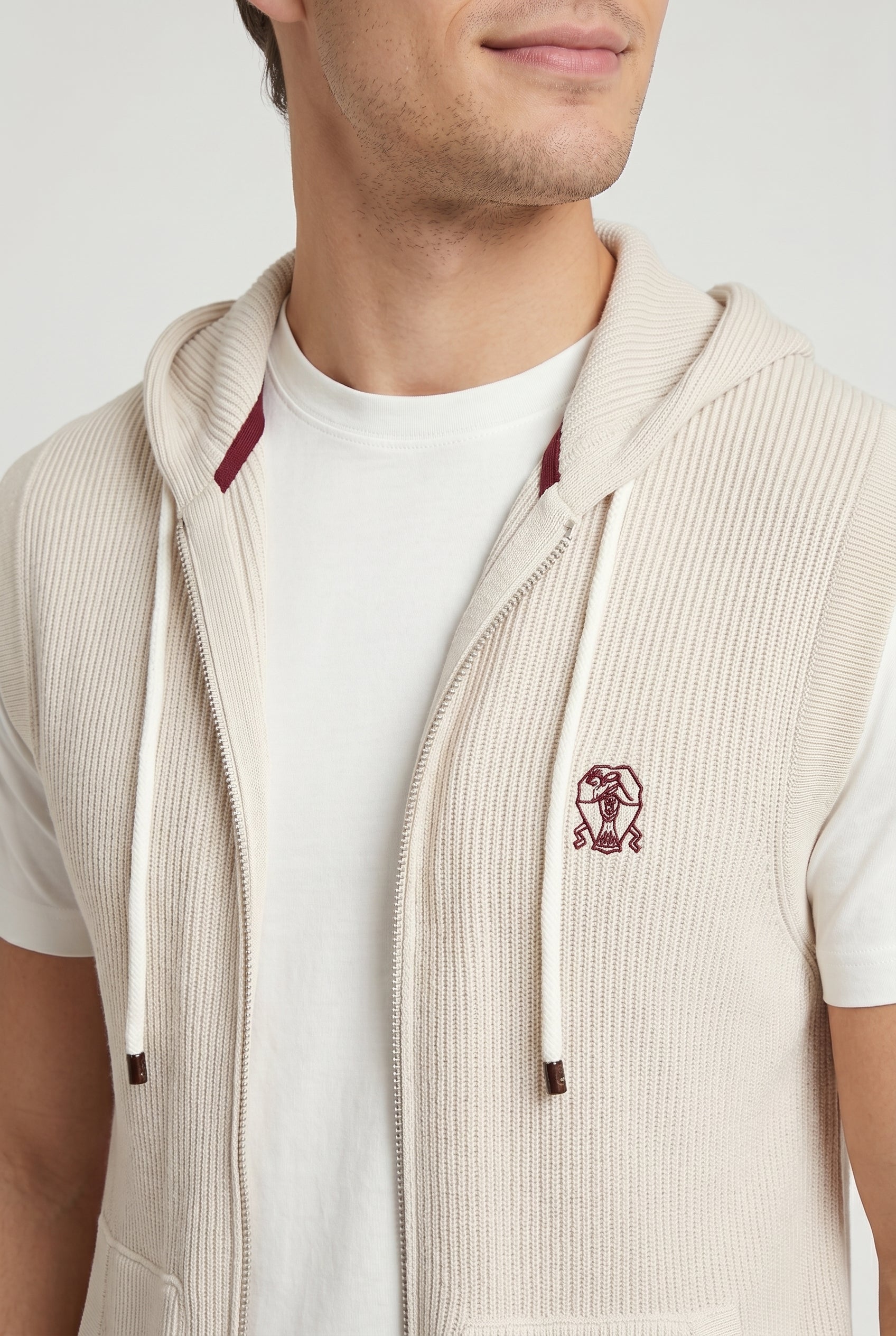BRUNELLO CUCINELLI MEN'S BEIGE ZIP HOODED SWEATER