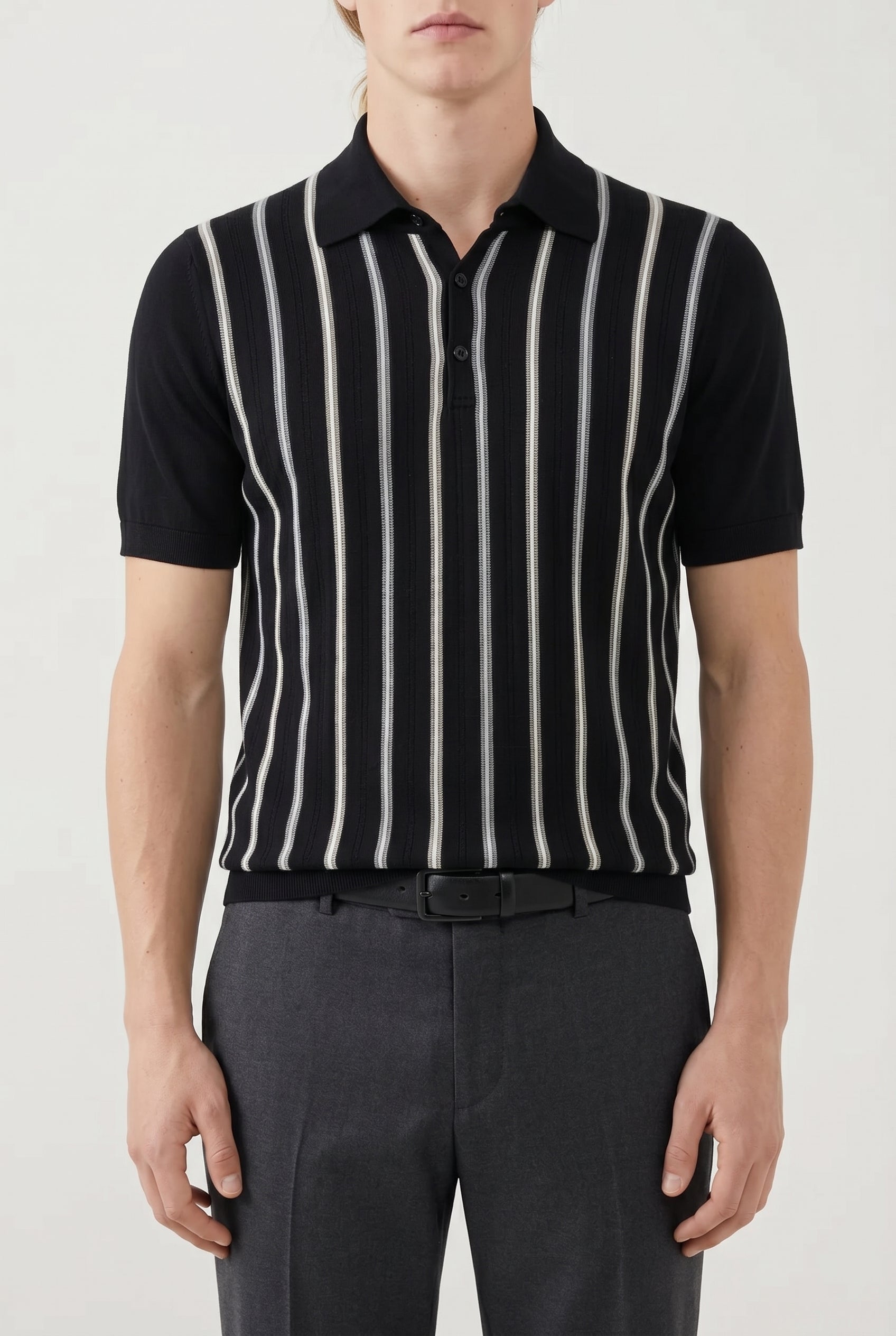 BRUNELLO CUCINELLI MEN'S BLACK STRIPED COTTON POLO SHIRT