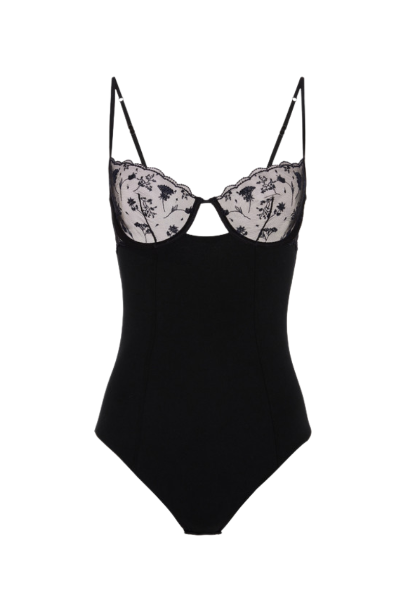 La Perla Midnight Botanica Bodysuit in Onyx with embroidered tulle