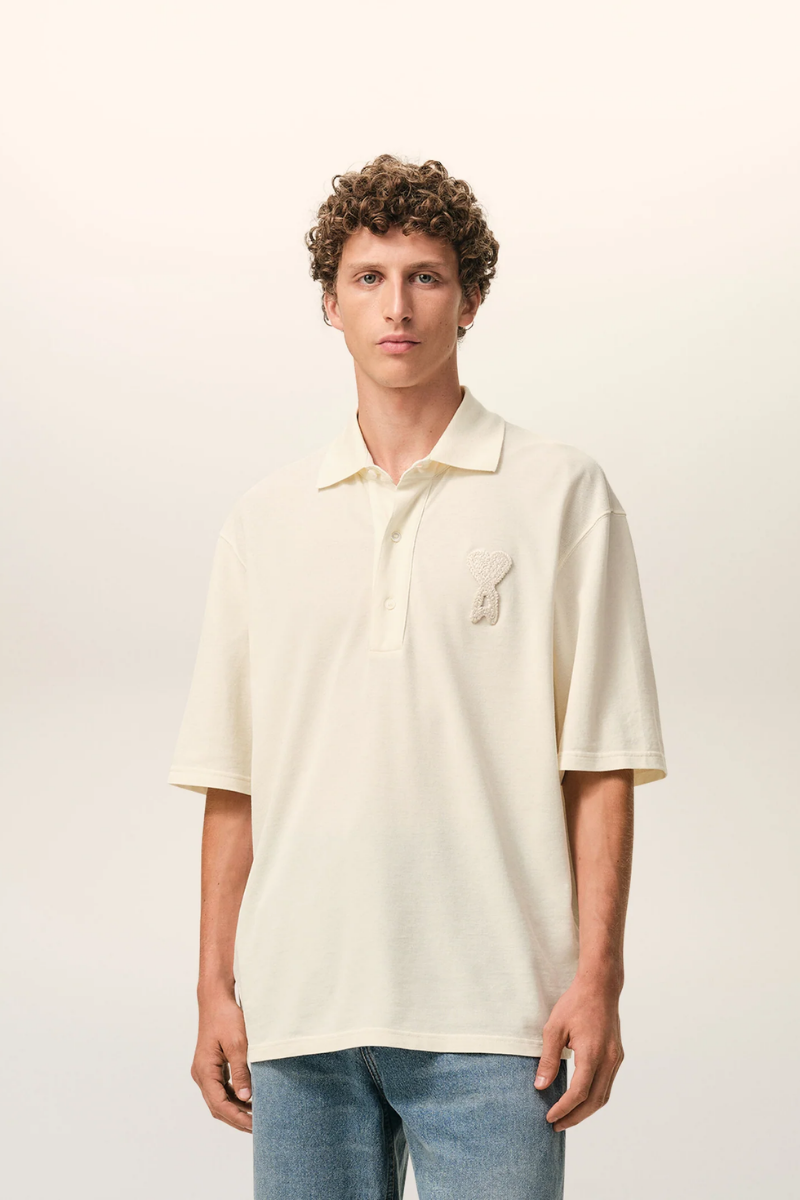 Ami Paris Lightweight Cotton Piqu¨¦ Short Sleeves Polo Shirt-White Cream