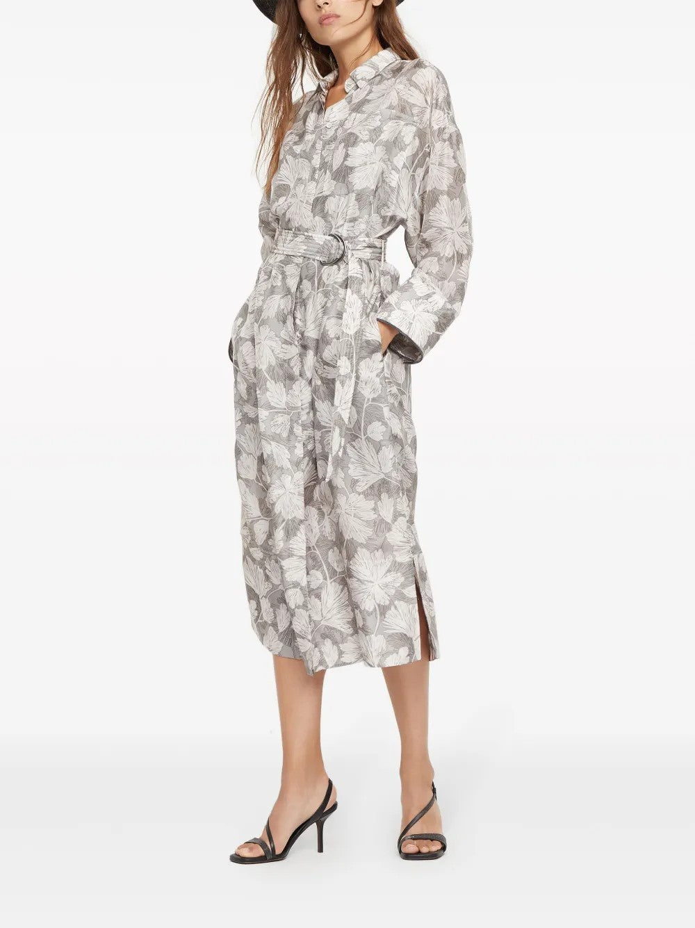 BRUNELLO CUCINELLI WOMEN'S LIGHT GREY SILK SHIRT DRESS