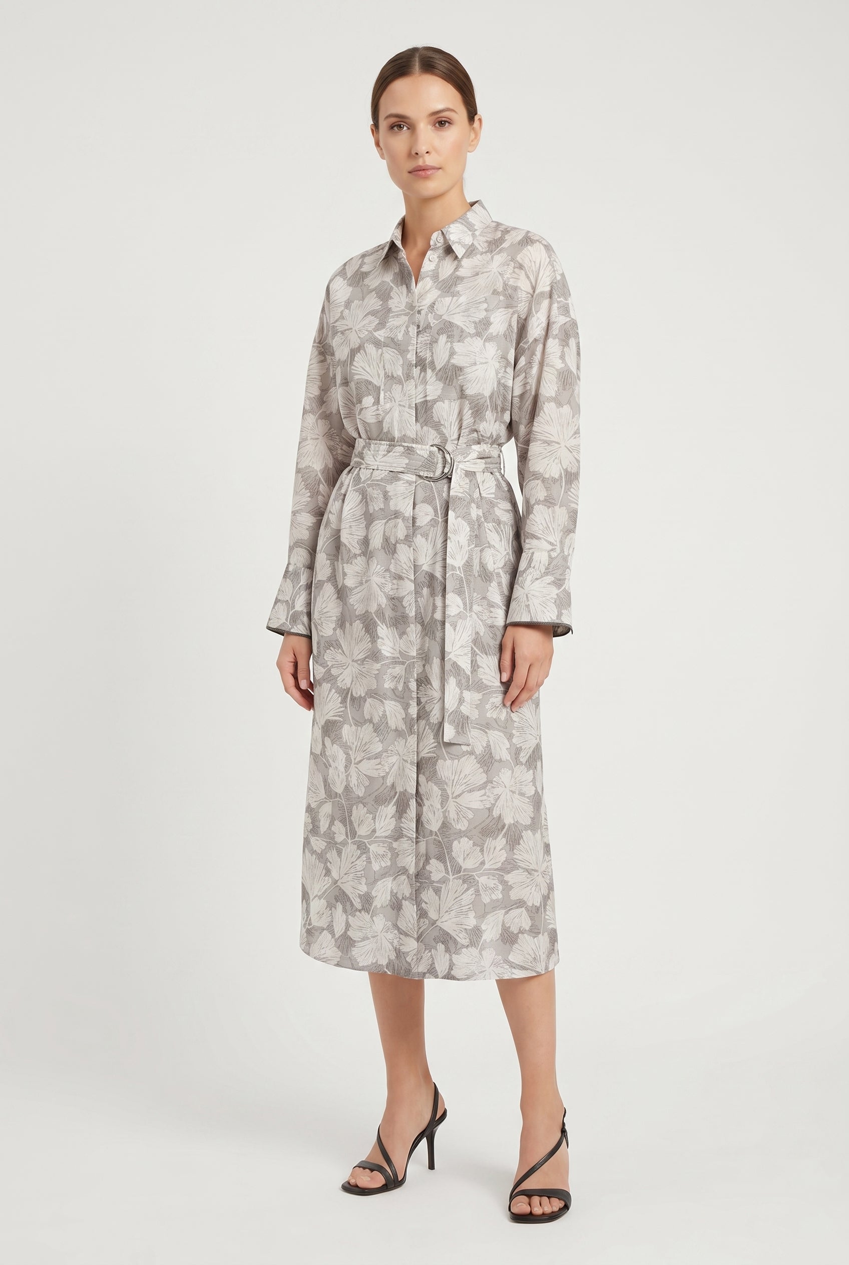 BRUNELLO CUCINELLI WOMEN'S LIGHT GREY SILK SHIRT DRESS