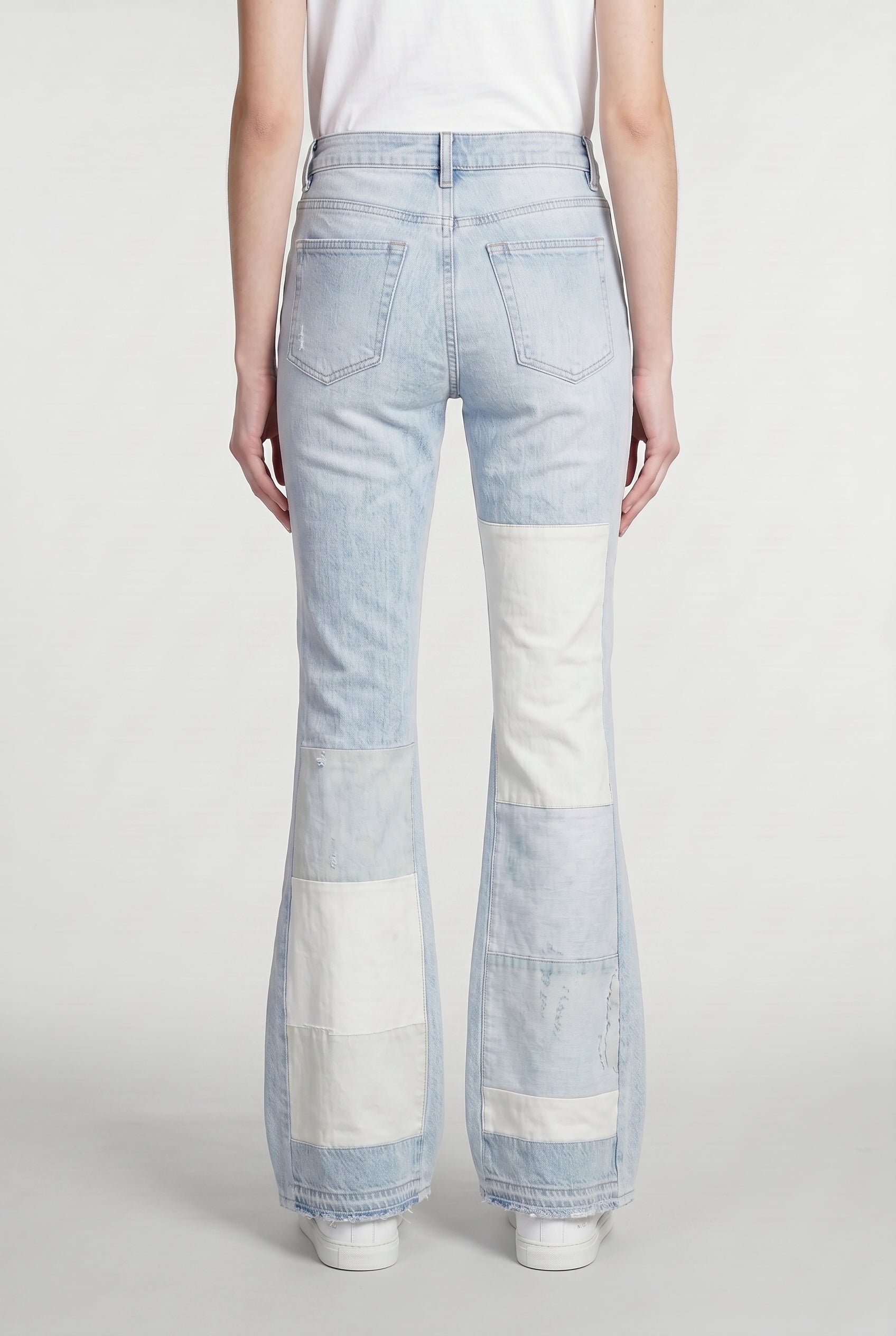 AMIRI WOMEN'S LIGHT BLUE PATCHWORK FLARED TROUSERS
