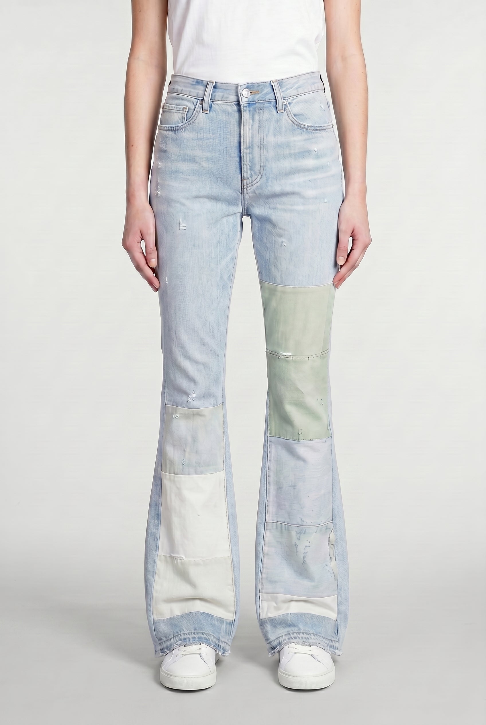 AMIRI WOMEN'S LIGHT BLUE PATCHWORK FLARED TROUSERS