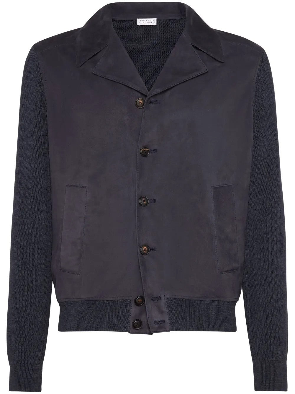 BRUNELLO CUCINELLI MEN'S DARK BLUE LEATHER KNIT JACKET