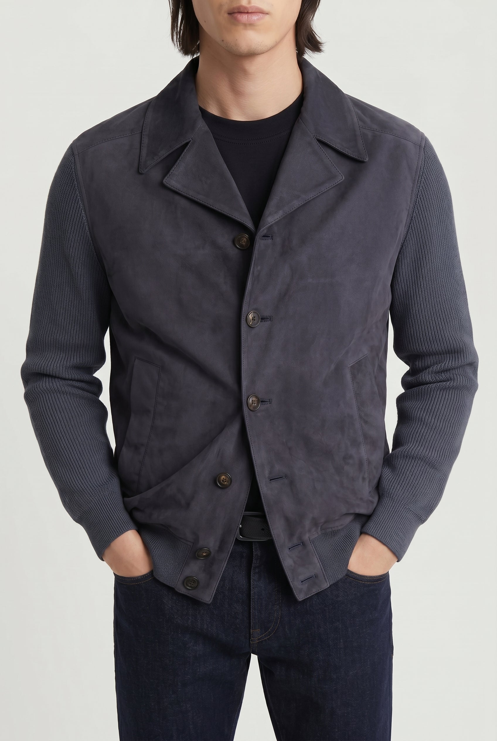 BRUNELLO CUCINELLI MEN'S DARK BLUE LEATHER KNIT JACKET