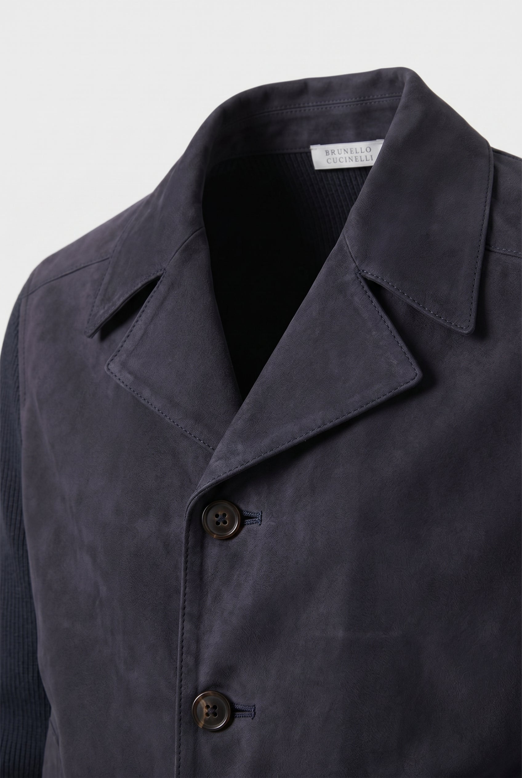 BRUNELLO CUCINELLI MEN'S DARK BLUE LEATHER KNIT JACKET
