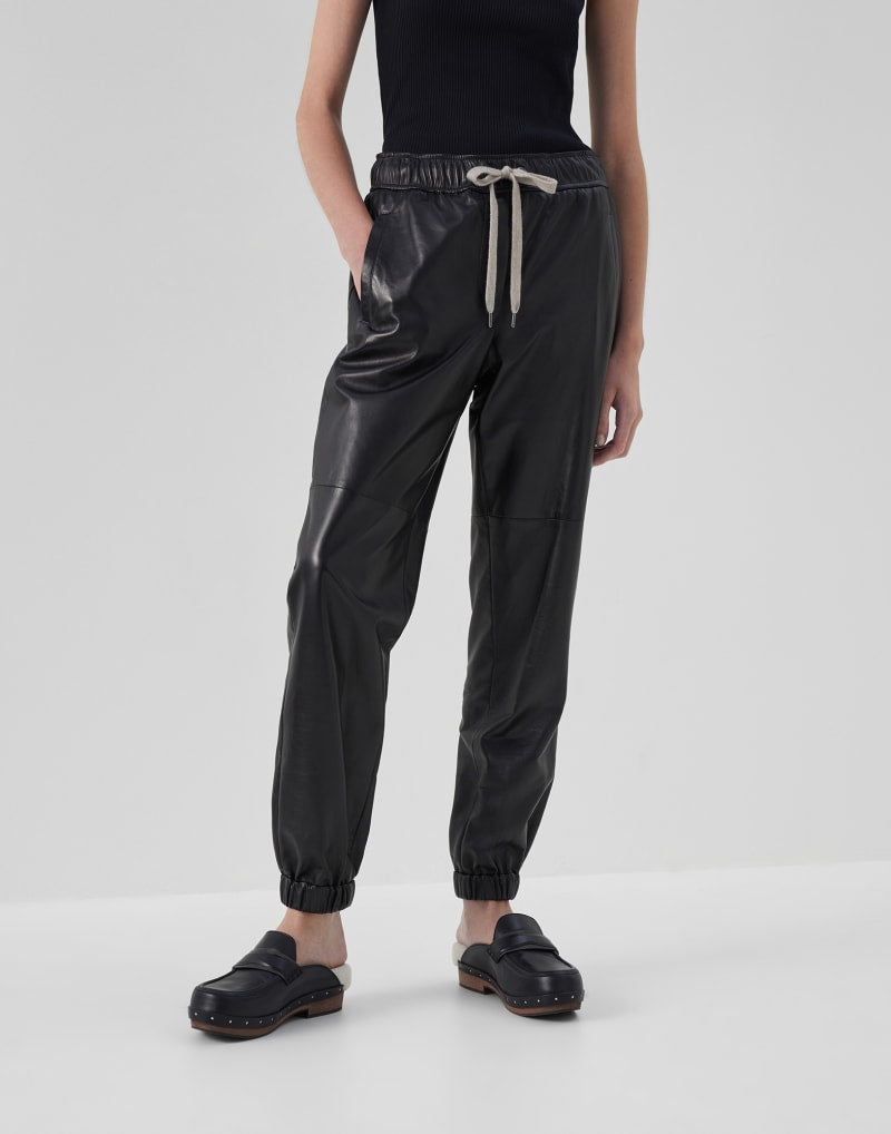 BRUNELLO CUCINELLI WOMEN'S BLACK LEATHER RELAXED TROUSERS