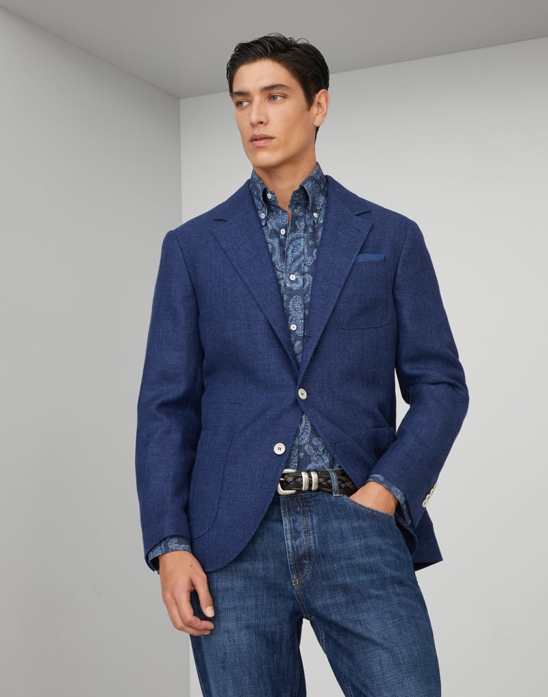 BRUNELLO CUCINELLI MEN'S BLUE LINEN WOOL BLAZER