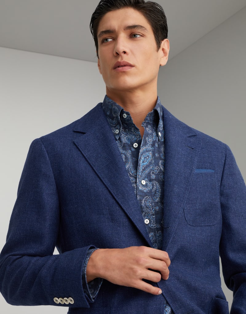 BRUNELLO CUCINELLI MEN'S BLUE LINEN WOOL BLAZER