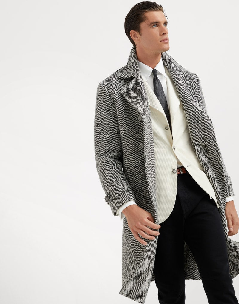 BRUNELLO CUCINELLI MEN'S BLACK WHITE WOOL HERRINGBONE COAT
