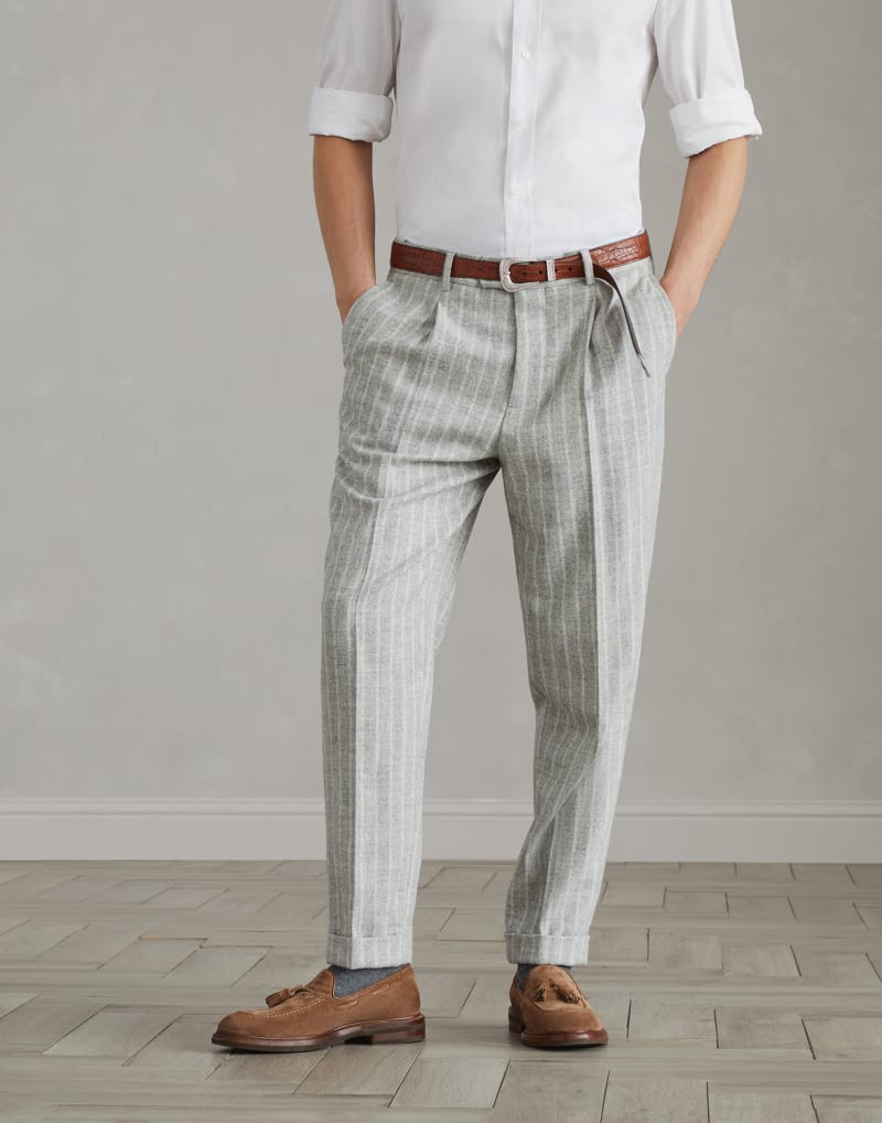 BRUNELLO CUCINELLI MEN'S LIGHT GREY WOOL BLEND TROUSERS