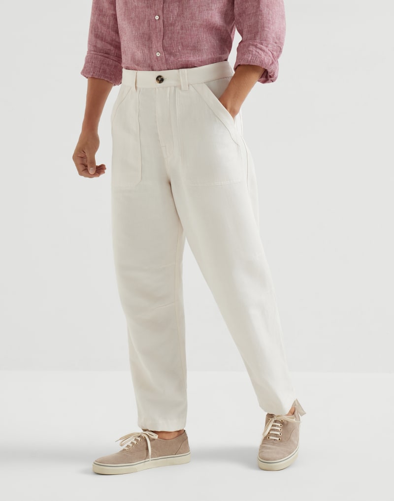 BRUNELLO CUCINELLI MEN'S OFF WHITE LINEN RELAXED TROUSERS