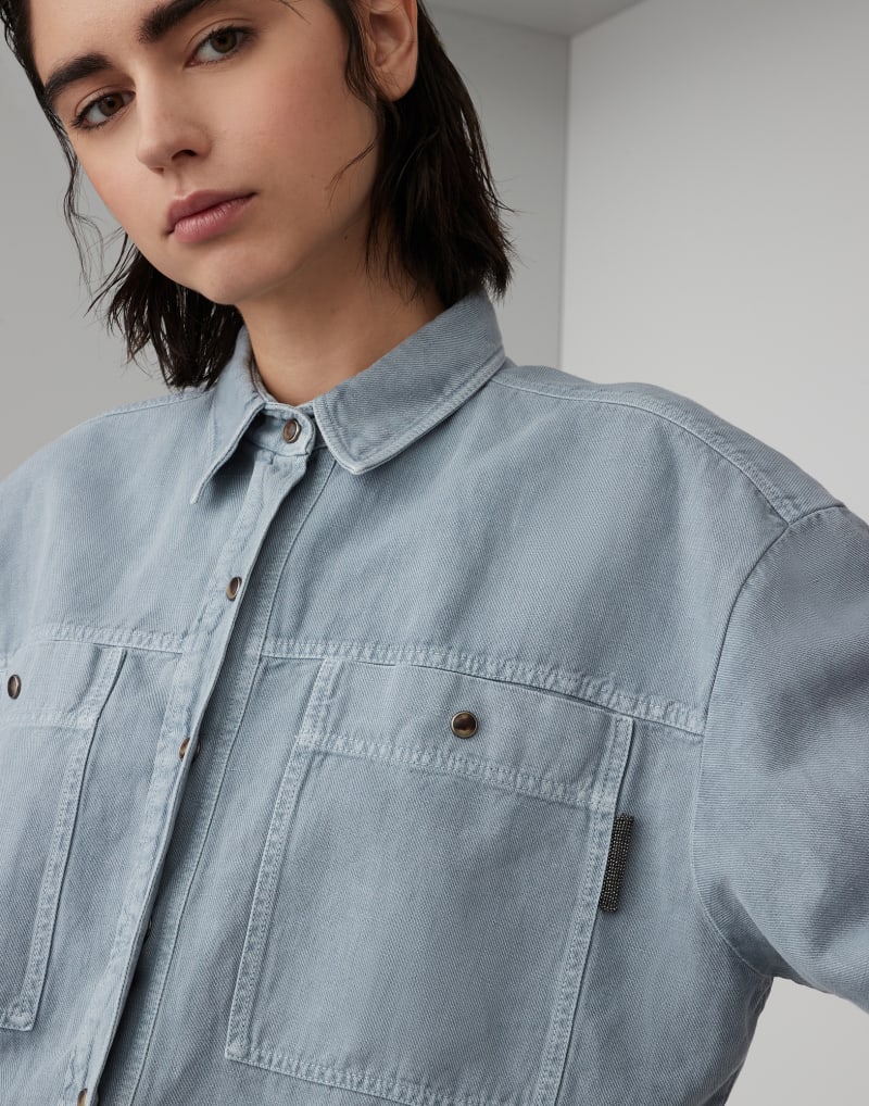 BRUNELLO CUCINELLI WOMEN'S LIGHT BLUE LINEN BLEND SHIRT