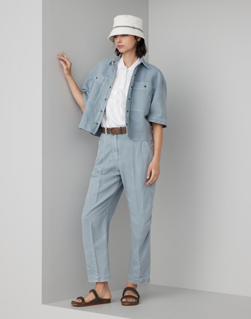 BRUNELLO CUCINELLI WOMEN'S LIGHT BLUE LINEN BLEND SHIRT