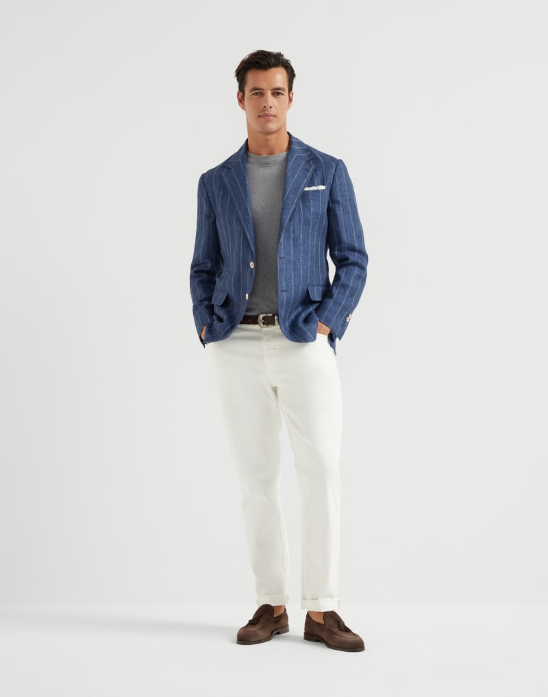 BRUNELLO CUCINELLI MEN'S BLUE LINEN STRIPED BLAZER