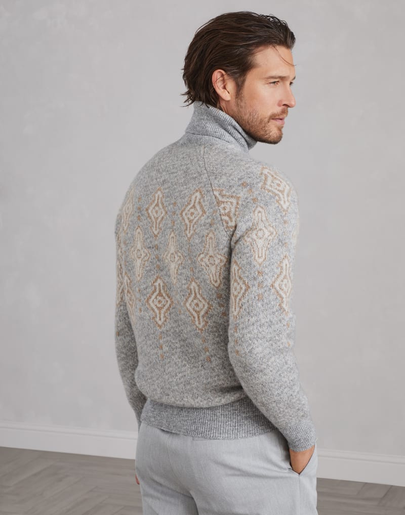 BRUNELLO CUCINELLI MEN'S LIGHT GREY WOOL TURTLENECK SWEATER