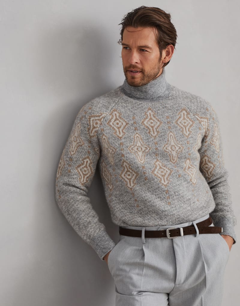 BRUNELLO CUCINELLI MEN'S LIGHT GREY WOOL TURTLENECK SWEATER