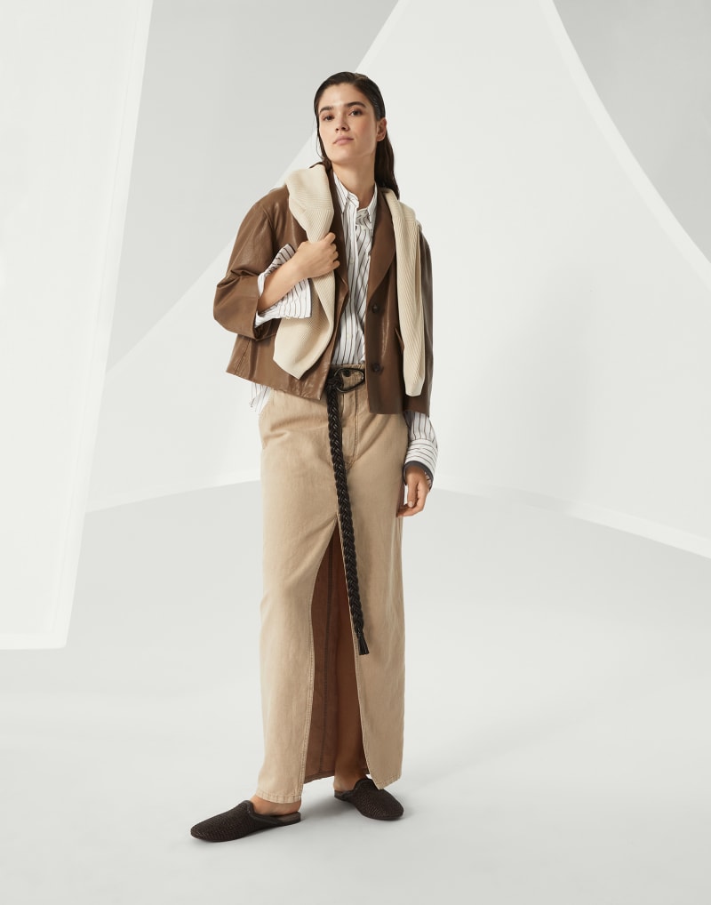 BRUNELLO CUCINELLI WOMEN'S BEIGE LINEN COTTON SLIT SKIRT