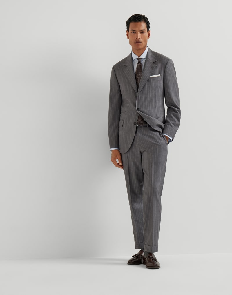 BRUNELLO CUCINELLI MEN'S GREY WOOL TAILORED TROUSERS