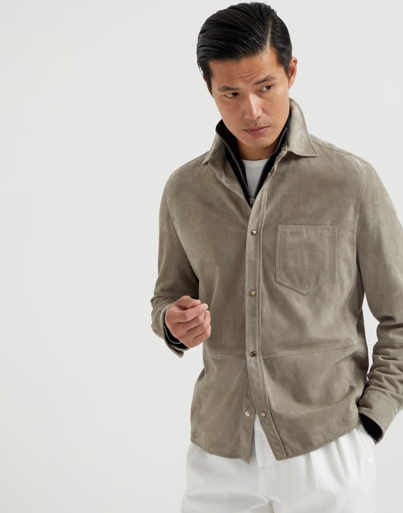 BRUNELLO CUCINELLI MEN'S LIGHT BROWN SUEDE RELAXED JACKET