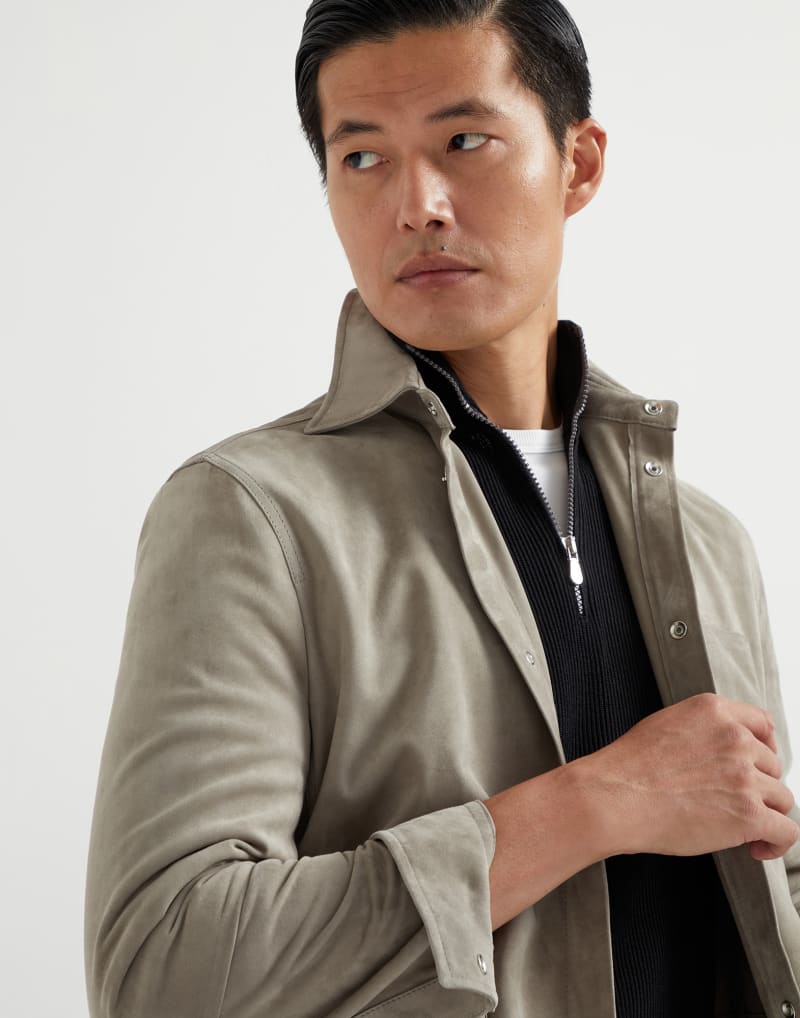 BRUNELLO CUCINELLI MEN'S LIGHT BROWN SUEDE RELAXED JACKET