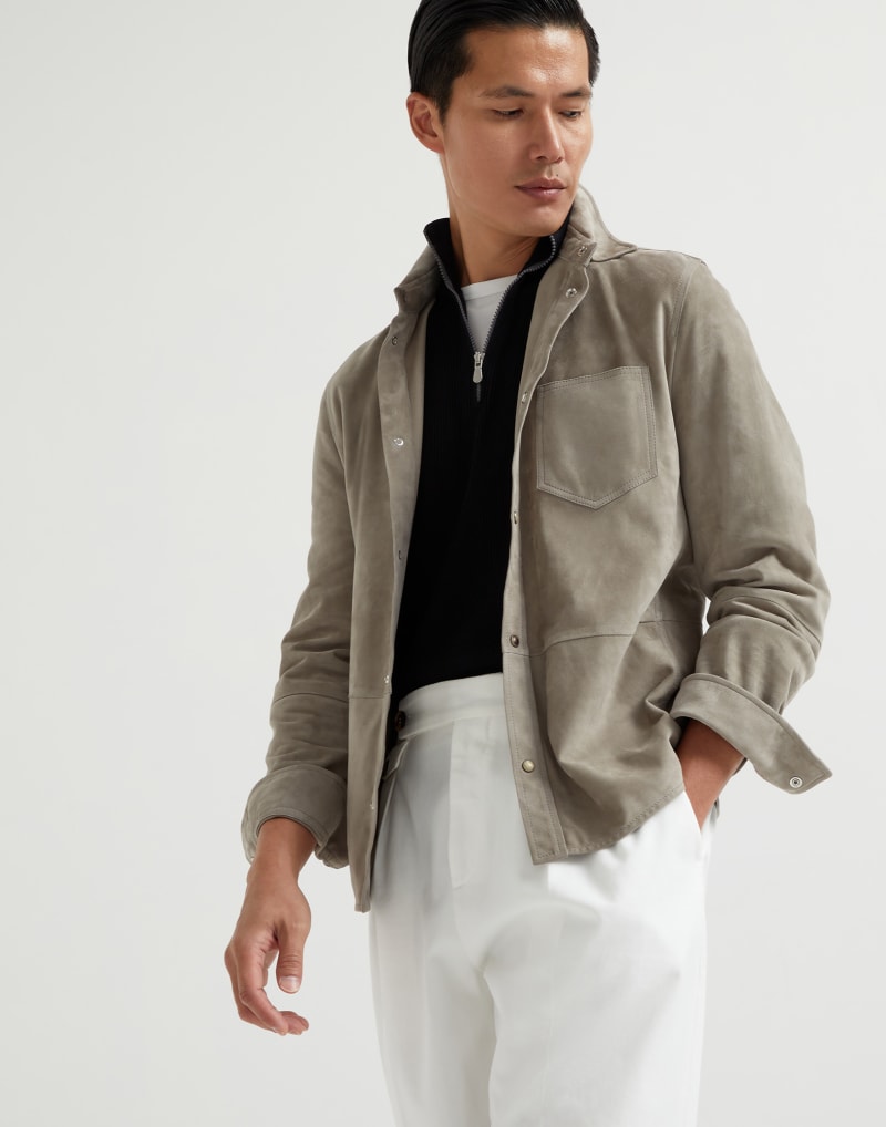 BRUNELLO CUCINELLI MEN'S LIGHT BROWN SUEDE RELAXED JACKET
