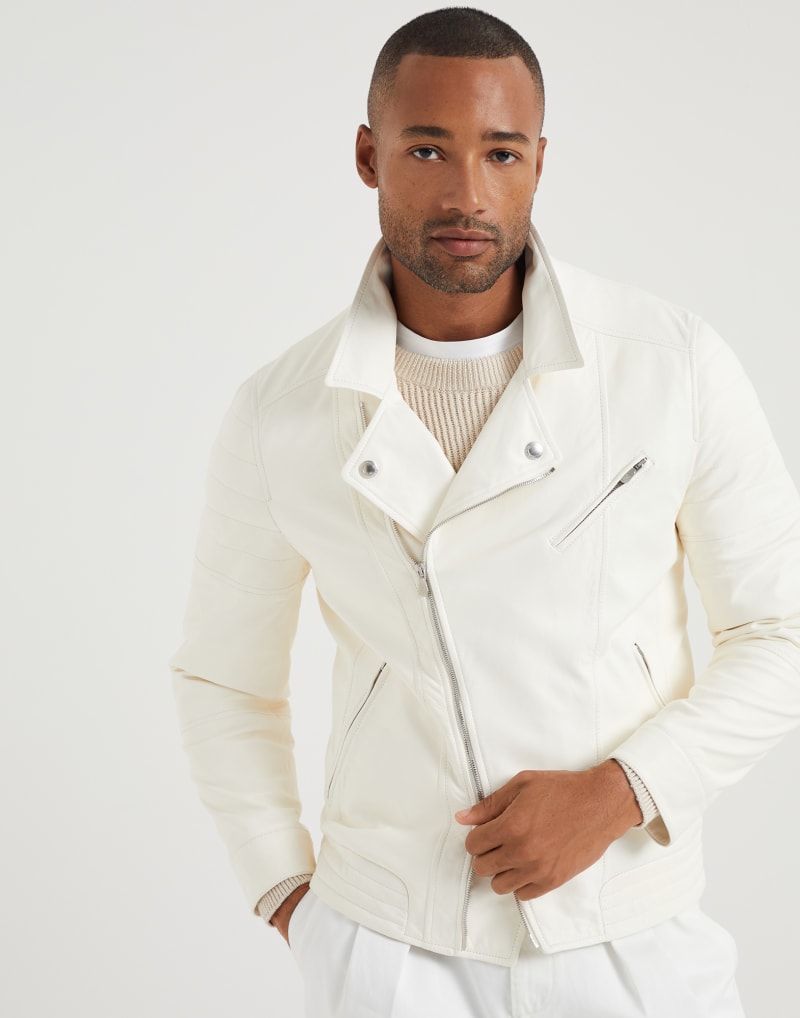 BRUNELLO CUCINELLI MEN'S OFF WHITE LEATHER BIKER JACKET