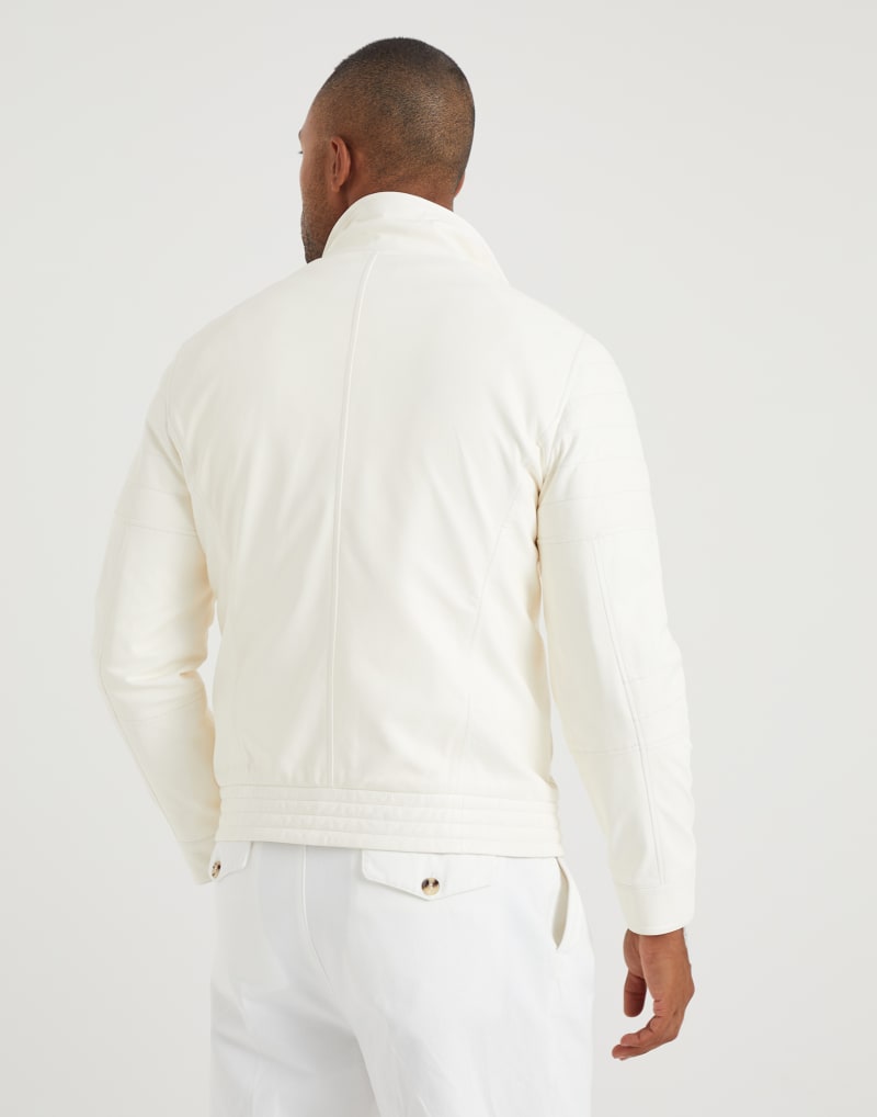 BRUNELLO CUCINELLI MEN'S OFF WHITE LEATHER BIKER JACKET