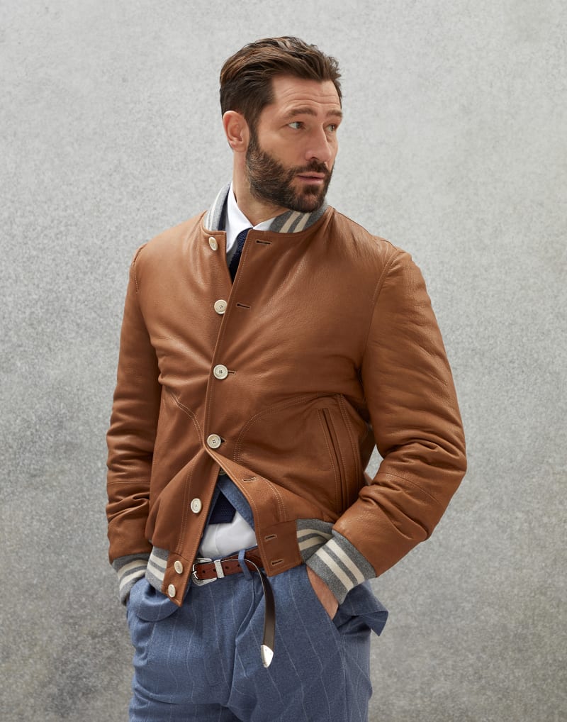 BRUNELLO CUCINELLI MEN'S BROWN LEATHER BOMBER JACKET
