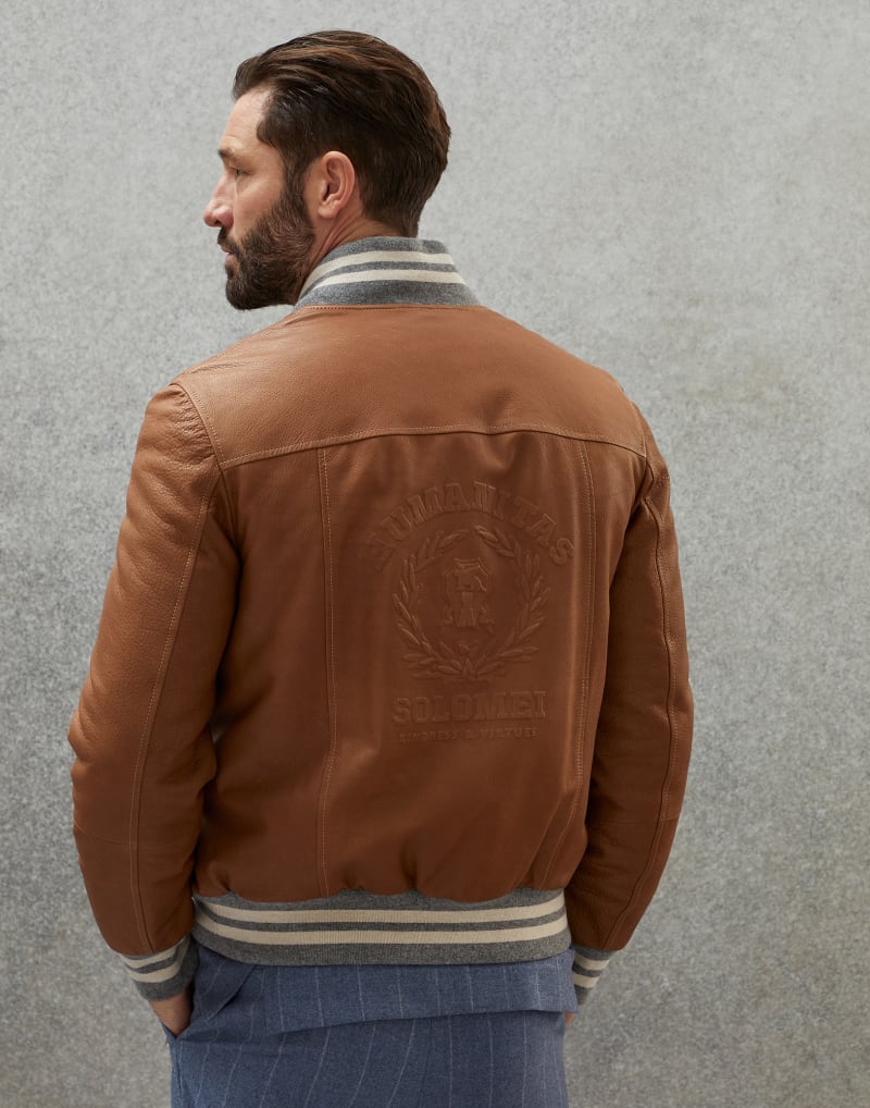BRUNELLO CUCINELLI MEN'S BROWN LEATHER BOMBER JACKET