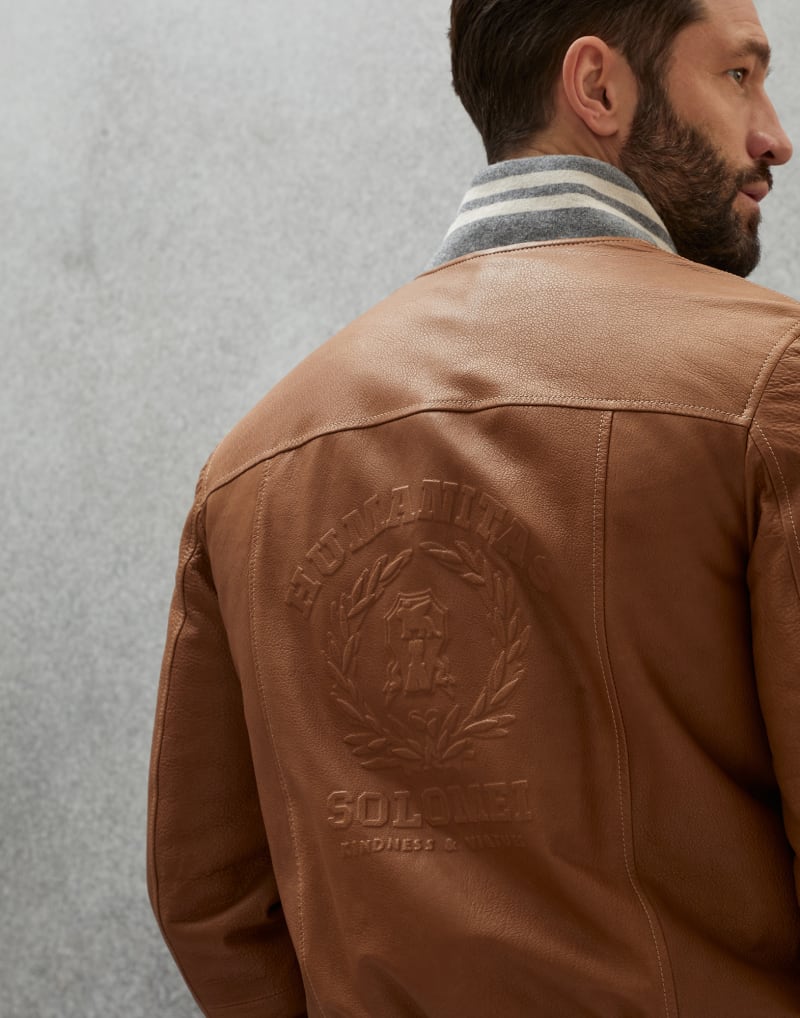 BRUNELLO CUCINELLI MEN'S BROWN LEATHER BOMBER JACKET