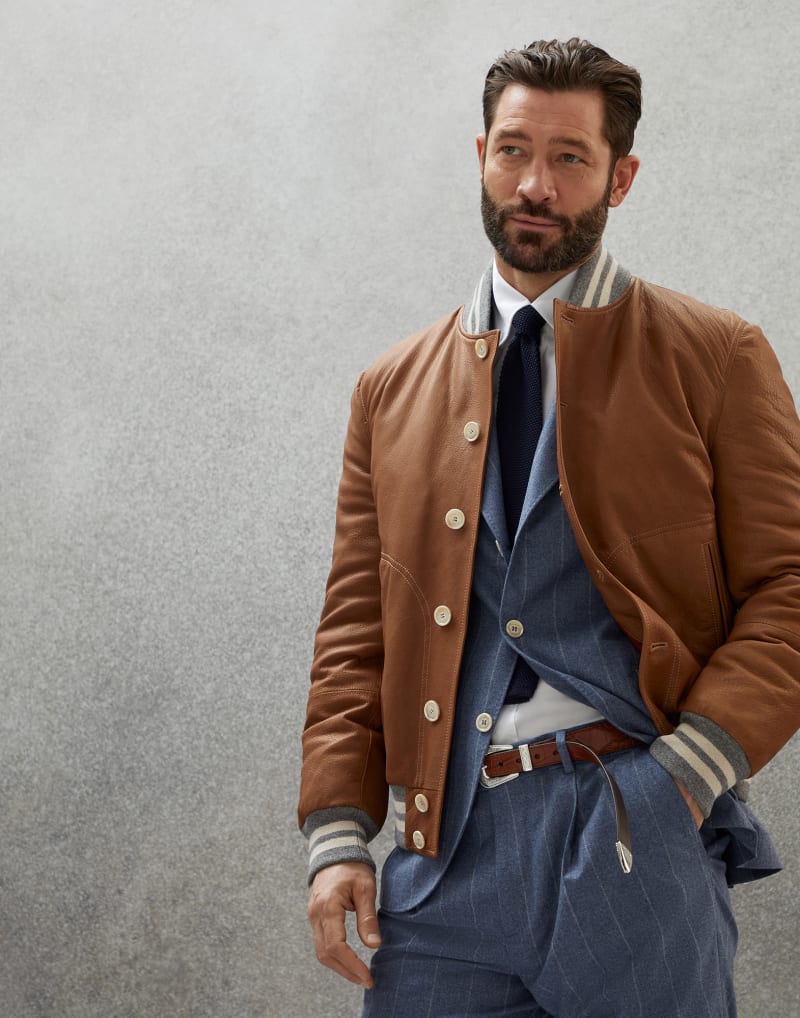 BRUNELLO CUCINELLI MEN'S BROWN LEATHER BOMBER JACKET