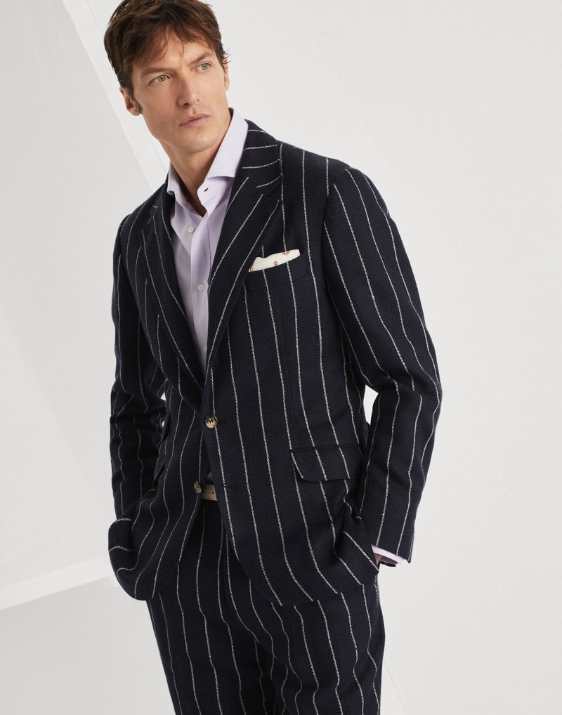 BRUNELLO CUCINELLI MEN'S NAVY STRIPED TAILORED BLAZER